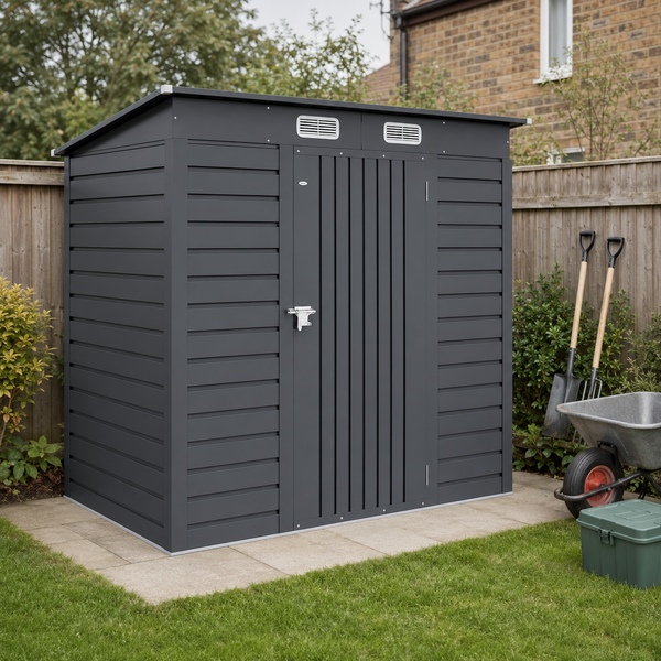 EverBase 6' x 4' Galvanized Metal Storage Shed with Lockable Door and 2 Vents, Grey