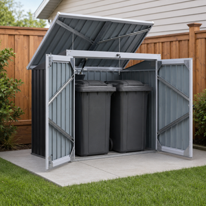 Abri de jardin noir pour poubelles, 1,5 m x 0,9 m, avec portes verrouillables.