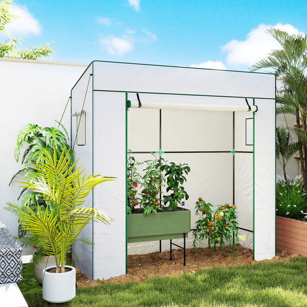 Lean-to Tomato Greenhouse with PE Cover, Walk-in Green House with Roll-up Door and 2 Mesh Windows, Portable Plant Grow House for Indoor Outdoor, 77.2"x30.3"x77.6", White