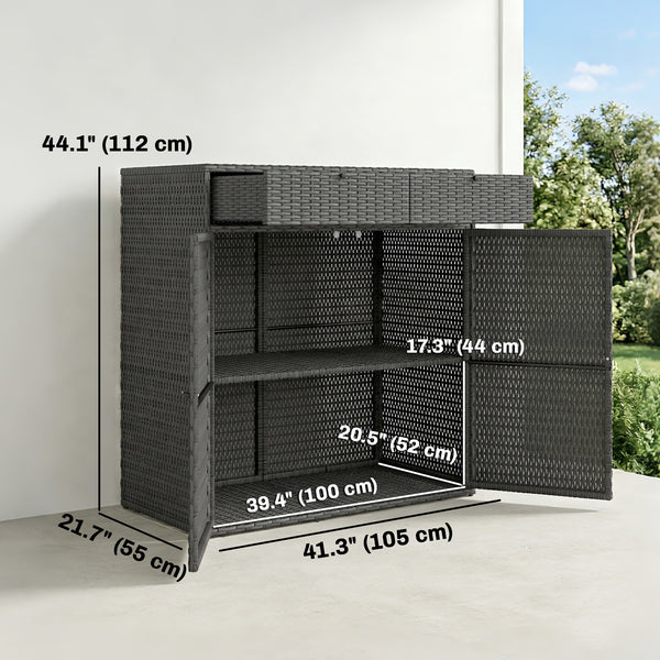 Wicker Outdoor Storage Cabinet, Double Door Patio Storage Cabinet with 2 Drawers and 2-Tier Shelves, PE Rattan Towel Rack Outdoor for Pool Garden Yard, Dark Grey