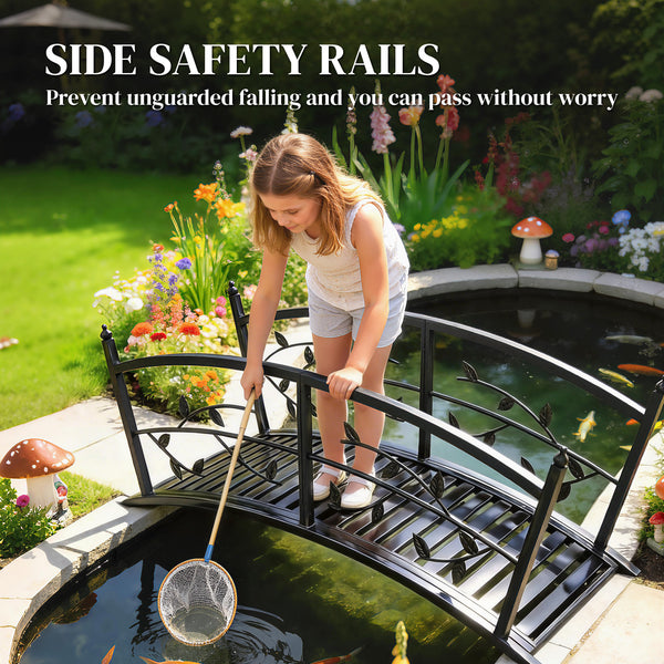 1.2M Metal Garden Bridge with Safety Railings, Outdoor Pond Bridge, Arch Decorative Footbridge for Garden, Creek Stream, Easy Assembly & Stable Construction, Black