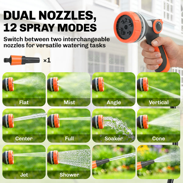 Retractable Hose Reel Wall Mounted, 23+2m Garden Hose Pipe Reel with Auto Retraction, Self-Locking, Slow Return System, 180° Swivel Bracket, 12-Pattern Nozzles and Faucet Adaptor, Orange