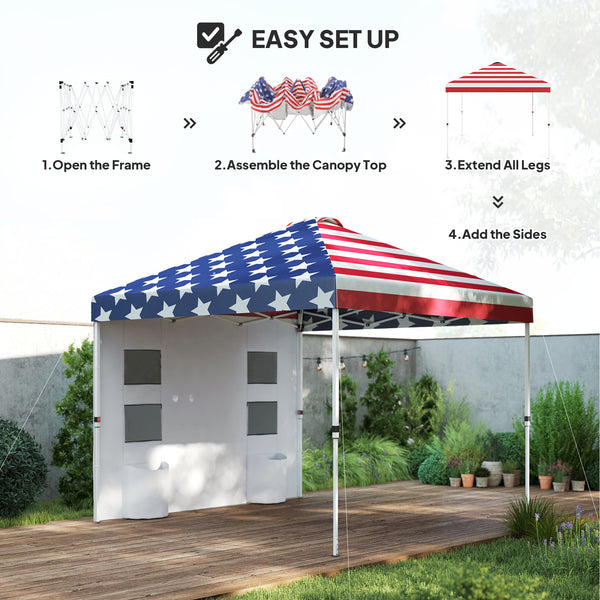 Outsunny 10' x 10' Pop Up Canopy Tent with Sidewall, Instant Sun Shelter with Storage Pockets, Vented Roof for Parties, Height Adjustable, with Carry Bag, Sand Bags for Outdoor, Patio, American Flag