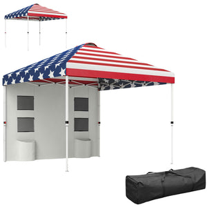 Outsunny 10' x 10' Pop Up Canopy Tent with Sidewall, Instant Sun Shelter with Storage Pockets, Vented Roof for Parties, Height Adjustable, with Carry Bag, Sand Bags for Outdoor, Patio, American Flag