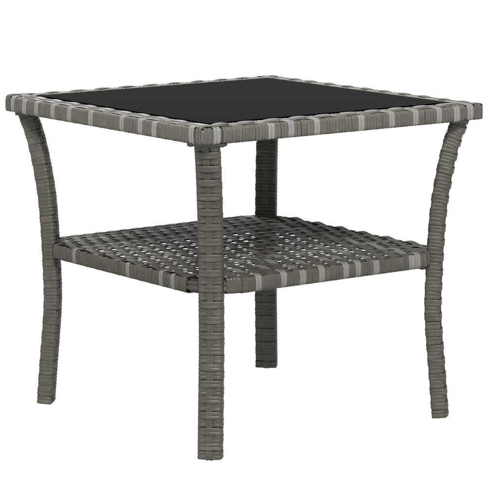 Outsunny Rattan Side Table, Outdoor End Table with Storage Shelf, Aluminum Frame Square, Coffee Table with Tempered Glass Top, Mixed Gray