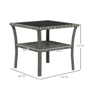 Outsunny Rattan Side Table, Outdoor End Table with Storage Shelf, Aluminum Frame Square, Coffee Table with Tempered Glass Top, Mixed Gray