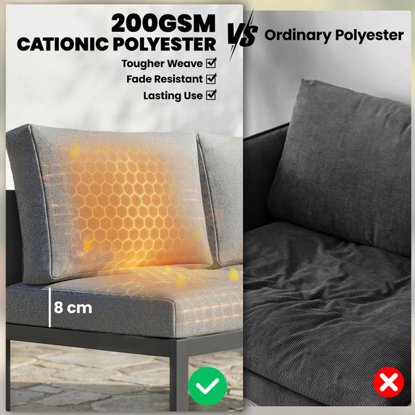 6 Seater Metal Garden Furniture Set, Corner Garden Sofa Set with 3 Texteline Loveseats, Faux Wood Top Coffee Table, L-Shape Outdoor Conversation Furniture with Cushions, Dark Grey