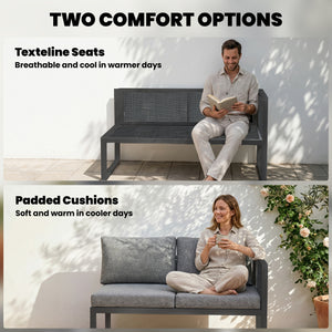 6 Seater Metal Garden Furniture Set, Corner Garden Sofa Set with 3 Texteline Loveseats, Faux Wood Top Coffee Table, L-Shape Outdoor Conversation Furniture with Cushions, Dark Grey