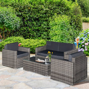 Outsunny 4 Piece Wicker Patio Furniture Set with Cushions, Outdoor Sectional Furniture with 2 Sofa, Loveseat, and Glass Top Coffee Table, Conversation Sofa Sets for Garden, Black