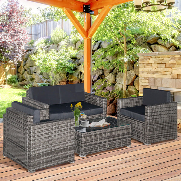 Outsunny 4 Piece Wicker Patio Furniture Set with Cushions, Outdoor Sectional Furniture with 2 Sofa, Loveseat, and Glass Top Coffee Table, Conversation Sofa Sets for Garden, Black