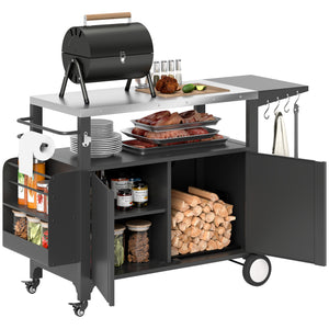 Outsunny Outdoor Grill Cart Table with Foldable Side Table, Stainless Steel Tabletop, 37.8" x 18.1" Pizza Oven Table with Storage & Towel Rack, Hooks, Movable Food Prep Table on Wheels