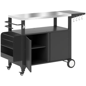 Outsunny Outdoor Grill Cart Table with Foldable Side Table, Stainless Steel Tabletop, 37.8" x 18.1" Pizza Oven Table with Storage & Towel Rack, Hooks, Movable Food Prep Table on Wheels