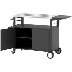 Outsunny Outdoor Grill Cart Table with Foldable Side Table, Stainless Steel Tabletop, 37.8" x 18.1" Pizza Oven Table with Storage & Towel Rack, Hooks, Movable Food Prep Table on Wheels