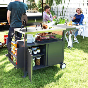 Outsunny Outdoor Grill Cart Table with Foldable Side Table, Stainless Steel Tabletop, 37.8" x 18.1" Pizza Oven Table with Storage & Towel Rack, Hooks, Movable Food Prep Table on Wheels