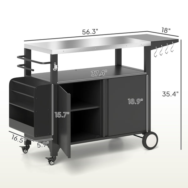 Outsunny Outdoor Grill Cart Table with Foldable Side Table, Stainless Steel Tabletop, 37.8" x 18.1" Pizza Oven Table with Storage & Towel Rack, Hooks, Movable Food Prep Table on Wheels