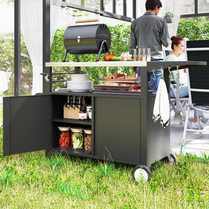 Outsunny Outdoor Grill Cart Table with Foldable Side Table, Stainless Steel Tabletop, 37.8" x 18.1" Pizza Oven Table with Storage & Towel Rack, Hooks, Movable Food Prep Table on Wheels