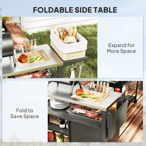 Outsunny Outdoor Grill Cart Table with Foldable Side Table, Stainless Steel Tabletop, 37.8" x 18.1" Pizza Oven Table with Storage & Towel Rack, Hooks, Movable Food Prep Table on Wheels