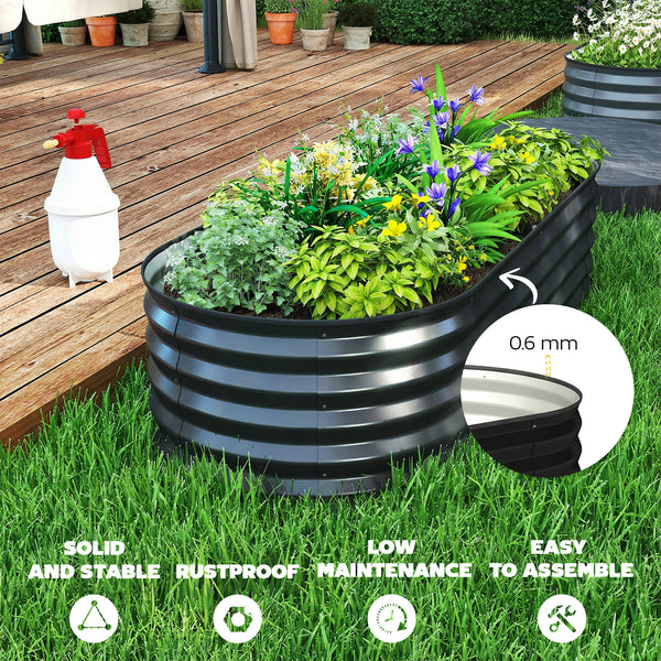 Set of 2 Raised Beds for Garden, Outdoor Galvanised Planter Box with Plant Support Stakes, Rubber Strap Edging and Bottomless for Flower, Vegetable, 150 x 60 x 30 cm, Dark Grey