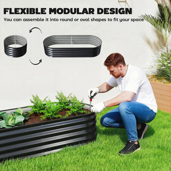 Set of 2 Raised Beds for Garden, Outdoor Galvanised Planter Box with Plant Support Stakes, Rubber Strap Edging and Bottomless for Flower, Vegetable, 150 x 60 x 30 cm, Dark Grey