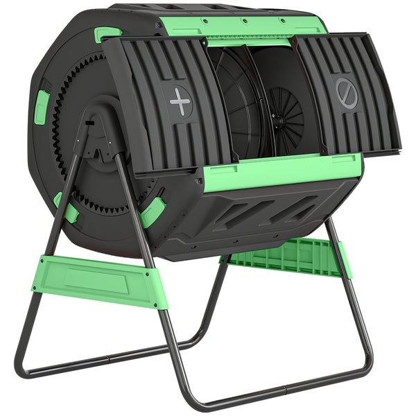 200L Garden Compost Bin, Dual Chamber Rotating Tumbling Composter with 8 Adjustable Vents, BPA Free Outdoor Compost Tumbler with 2 Sliding Doors, Gloves, Screwdriver, Wrench and Metal Frame
