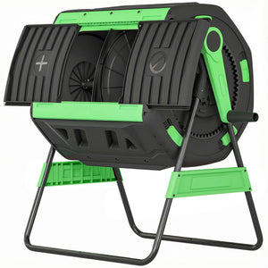 200L Garden Compost Bin, Dual Chamber Rotating Tumbling Composter with 8 Adjustable Vents, BPA Free Outdoor Compost Tumbler with 2 Sliding Doors, Gloves, Screwdriver, Wrench and Metal Frame