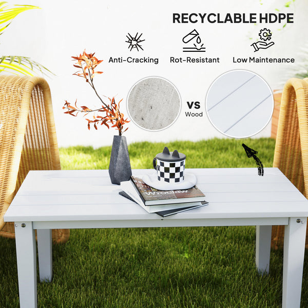 Outsunny HDPE Outdoor Coffee Table, All-Weather Rectangle Patio Coffee Table, Plastic Outdoor Patio Table with Slatted Tabletop for Garden, Balcony, Backyard, White