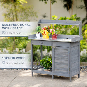 Outsunny Outdoor Potting Bench Table, Garden Work Station with Storage Cabinet, Open Shelf and Steel Tabletop, Gray