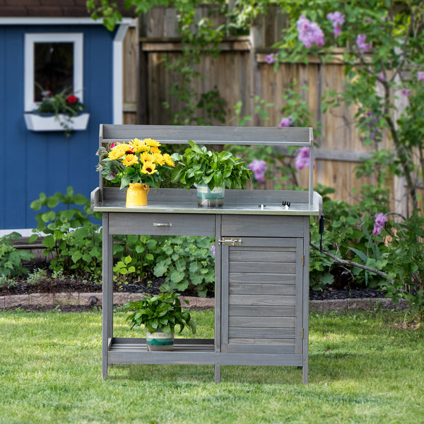 Outsunny Outdoor Potting Bench Table, Garden Work Station with Storage Cabinet, Open Shelf and Steel Tabletop, Gray