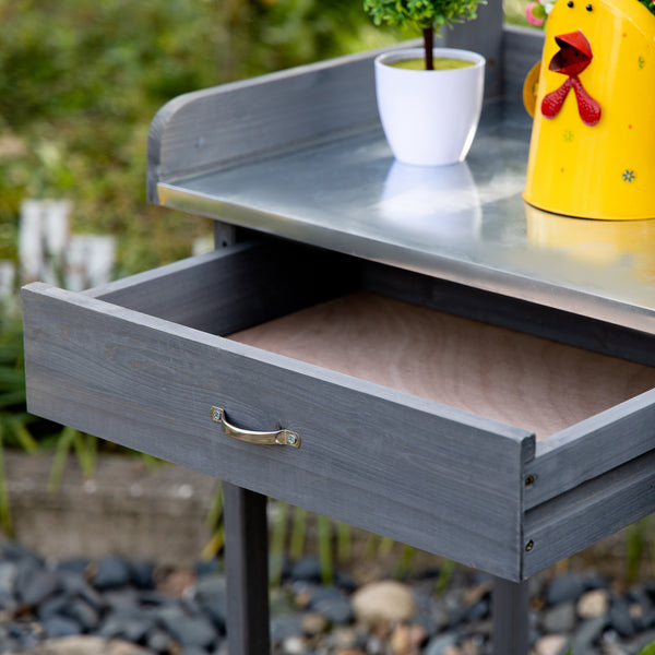 Outsunny Outdoor Potting Bench Table, Garden Work Station with Storage Cabinet, Open Shelf and Steel Tabletop, Gray