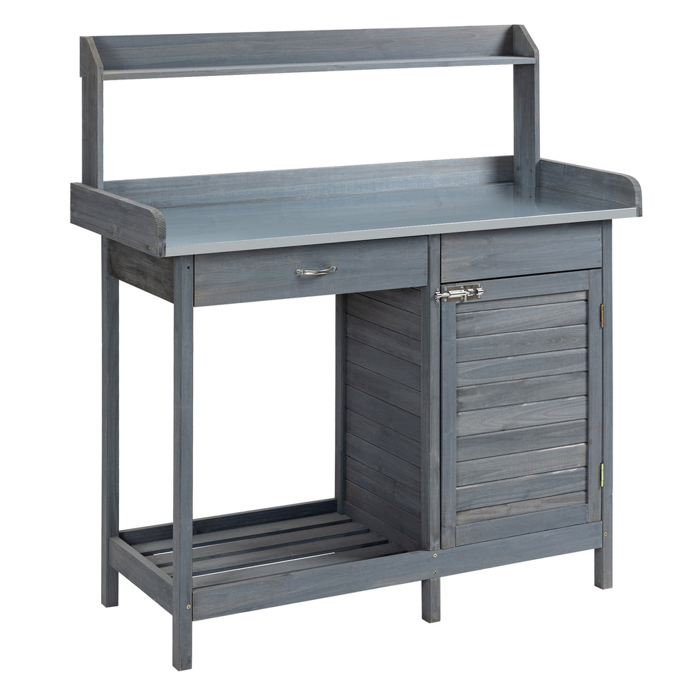 Outsunny Outdoor Potting Bench Table, Garden Work Station with Storage Cabinet, Open Shelf and Steel Tabletop, Gray