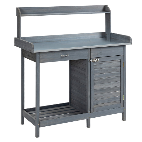 Outsunny Outdoor Potting Bench Table, Garden Work Station with Storage Cabinet, Open Shelf and Steel Tabletop, Gray