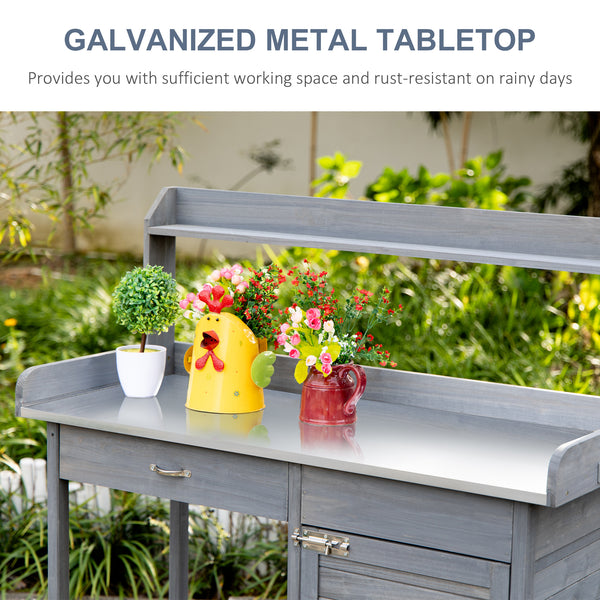 Outsunny Outdoor Potting Bench Table, Garden Work Station with Storage Cabinet, Open Shelf and Steel Tabletop, Gray