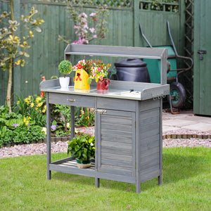 Outsunny Outdoor Potting Bench Table, Garden Work Station with Storage Cabinet, Open Shelf and Steel Tabletop, Gray