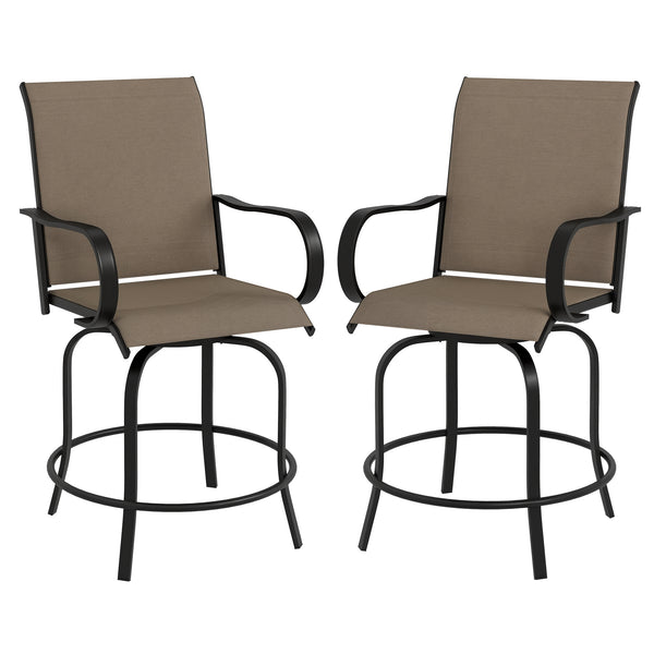 Outdoor Bar Stools Set of 2 with Armrests, 360° Swivel Bar Height Patio Chairs with Mesh Fabric, Steel Frame Dining Chairs, for Balcony, Poolside, Backyard, Tan