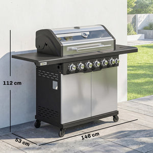 6+1 Burner Gas BBQ Grill, Portable Outdoor Barbecue Trolley with Wheels, Warming Rack, Built-in Thermometer, Side Shelves, Cabinet, Bottle Opener, Lid with Viewing Window, Silver Tone