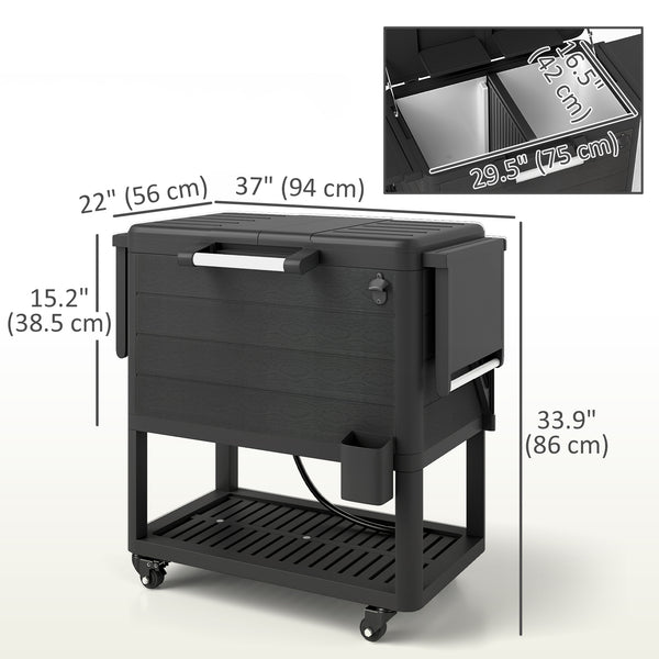 104 Quart Patio Cooler with Wheels, Holds up to 70 Bottles / 120 Cans, Rolling Ice Chest with Bottle Opener and Shelves, Outdoor Beverage Bar Cart with Handles, Black