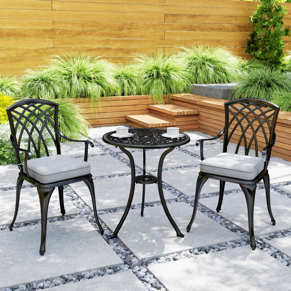 3 Piece Cast Aluminium Garden Bistro Set for 2, Outdoor Coffee Table Set Rust Resistant with Parasol Hole, Cushions, Patio Table and Chairs for Garden, Balcony, Black