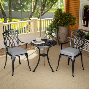 3 Piece Cast Aluminium Garden Bistro Set for 2, Outdoor Coffee Table Set Rust Resistant with Parasol Hole, Cushions, Patio Table and Chairs for Garden, Balcony, Black