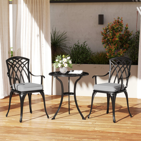 3 Piece Cast Aluminium Garden Bistro Set for 2, Outdoor Coffee Table Set Rust Resistant with Parasol Hole, Cushions, Patio Table and Chairs for Garden, Balcony, Black