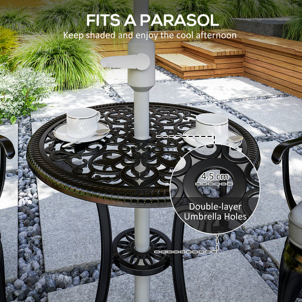 3 Piece Cast Aluminium Garden Bistro Set for 2, Outdoor Coffee Table Set Rust Resistant with Parasol Hole, Cushions, Patio Table and Chairs for Garden, Balcony, Black