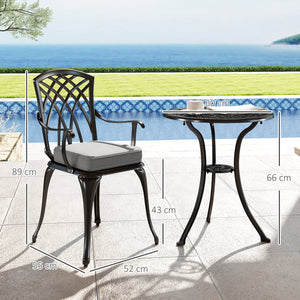 3 Piece Cast Aluminium Garden Bistro Set for 2, Outdoor Coffee Table Set Rust Resistant with Parasol Hole, Cushions, Patio Table and Chairs for Garden, Balcony, Black