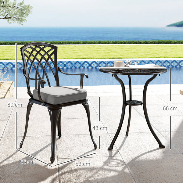 3 Piece Cast Aluminium Garden Bistro Set for 2, Outdoor Coffee Table Set Rust Resistant with Parasol Hole, Cushions, Patio Table and Chairs for Garden, Balcony, Black