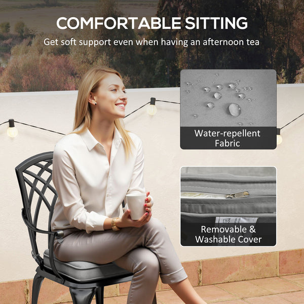 3 Piece Cast Aluminium Garden Bistro Set for 2, Outdoor Coffee Table Set Rust Resistant with Parasol Hole, Cushions, Patio Table and Chairs for Garden, Balcony, Black