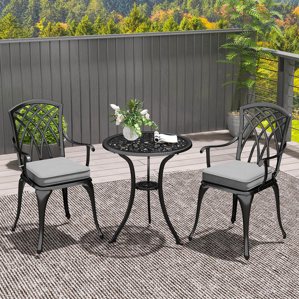 3 Piece Cast Aluminium Garden Bistro Set for 2, Outdoor Coffee Table Set Rust Resistant with Parasol Hole, Cushions, Patio Table and Chairs for Garden, Balcony, Black