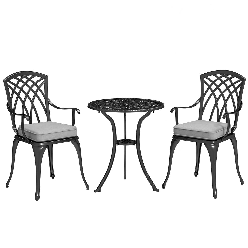 3 Piece Cast Aluminium Garden Bistro Set for 2, Outdoor Coffee Table Set Rust Resistant with Parasol Hole, Cushions, Patio Table and Chairs for Garden, Balcony, Black