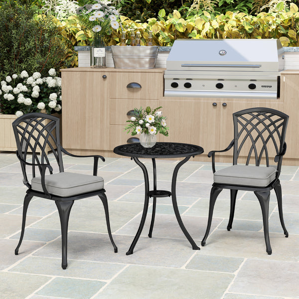 3 Piece Cast Aluminium Garden Bistro Set for 2, Outdoor Coffee Table Set Rust Resistant with Parasol Hole, Cushions, Patio Table and Chairs for Garden, Balcony, Black