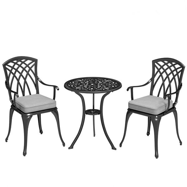 3 Piece Cast Aluminium Garden Bistro Set for 2, Outdoor Coffee Table Set Rust Resistant with Parasol Hole, Cushions, Patio Table and Chairs for Garden, Balcony, Black
