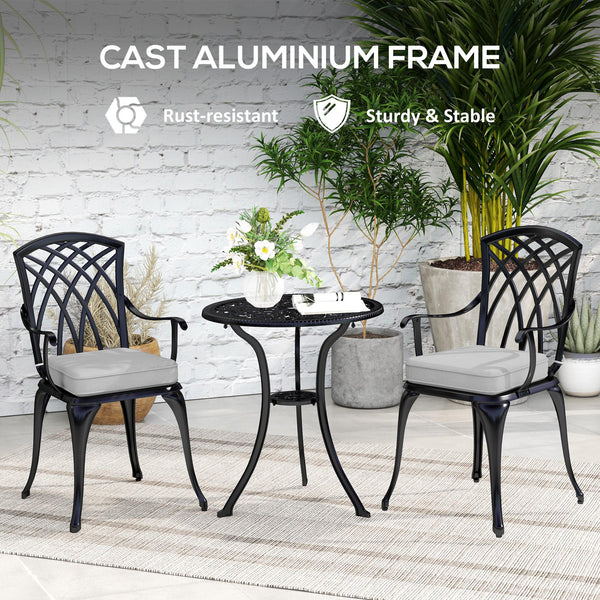 3 Piece Cast Aluminium Garden Bistro Set for 2, Outdoor Coffee Table Set Rust Resistant with Parasol Hole, Cushions, Patio Table and Chairs for Garden, Balcony, Black