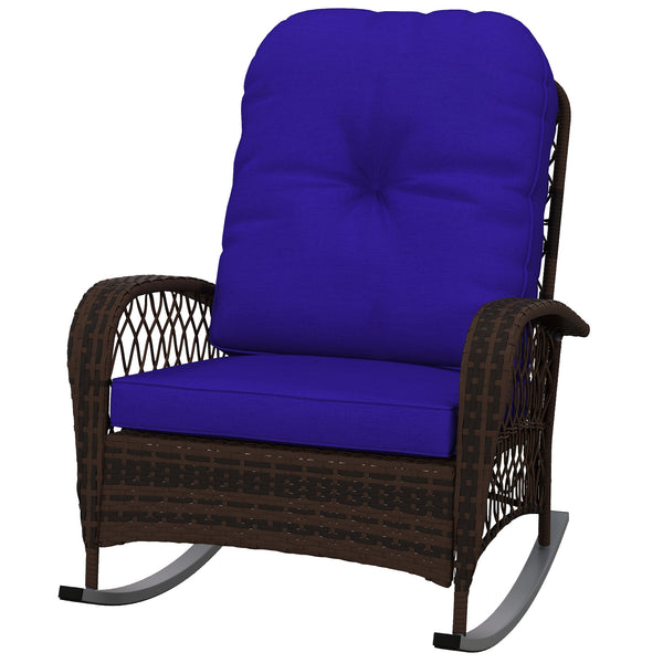 Outsunny Outdoor Wicker Rocking Chair with Wide Seat, Thickened Cushion, Rattan Rocker with Steel Frame for Patio, Garden, Backyard, Dark Blue