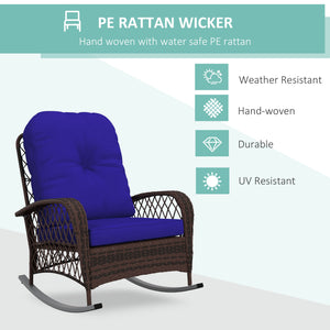 Outsunny Outdoor Wicker Rocking Chair with Wide Seat, Thickened Cushion, Rattan Rocker with Steel Frame for Patio, Garden, Backyard, Dark Blue